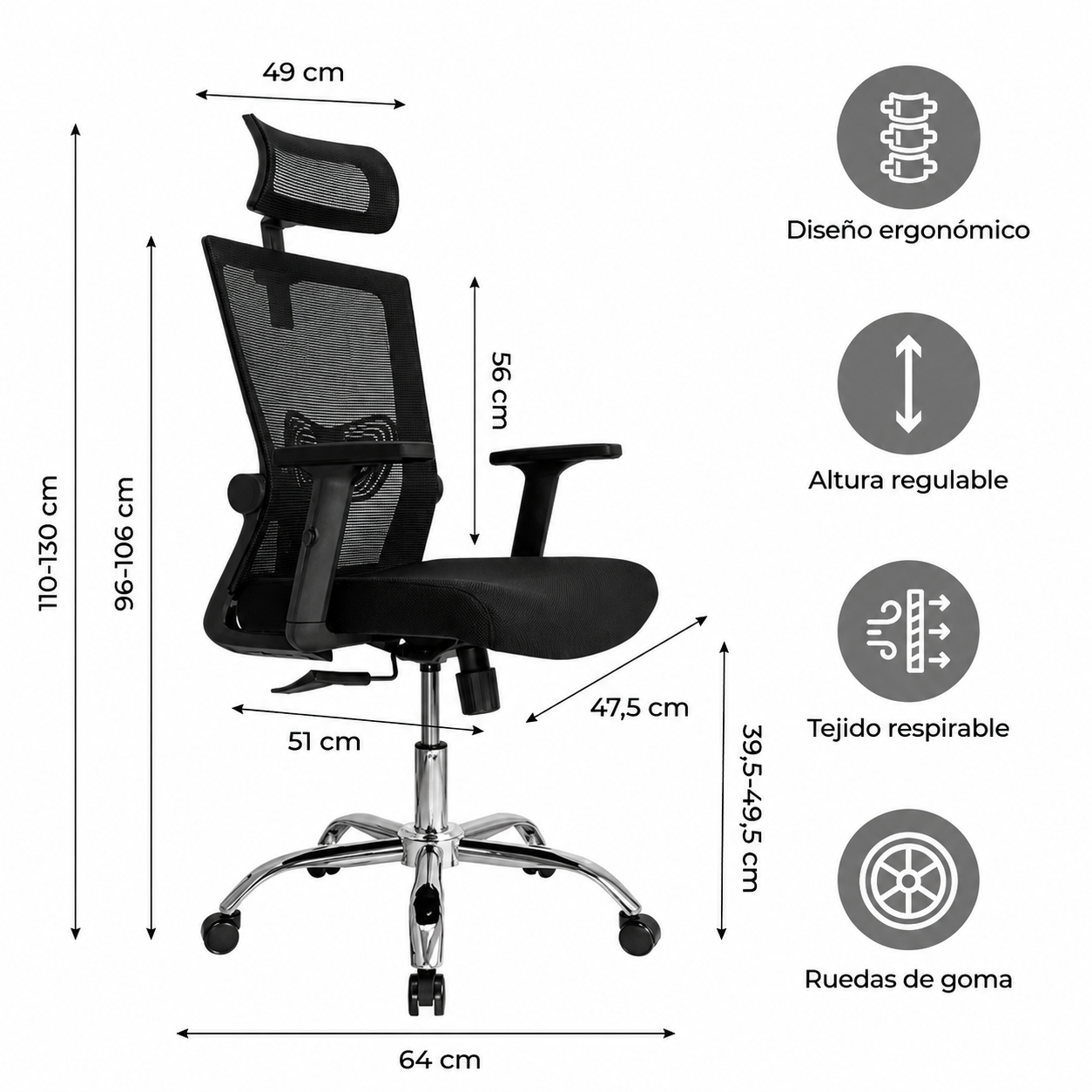 Silla De Escritorio Cuba Alta Regulable Y Cabecero Negro Tela