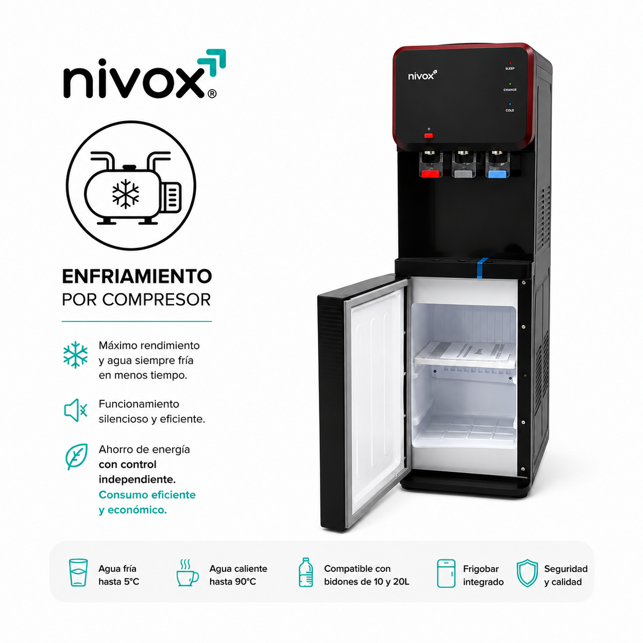 Dispensador de Agua Pedestal Nivox Premium con Frigobar y Compresor